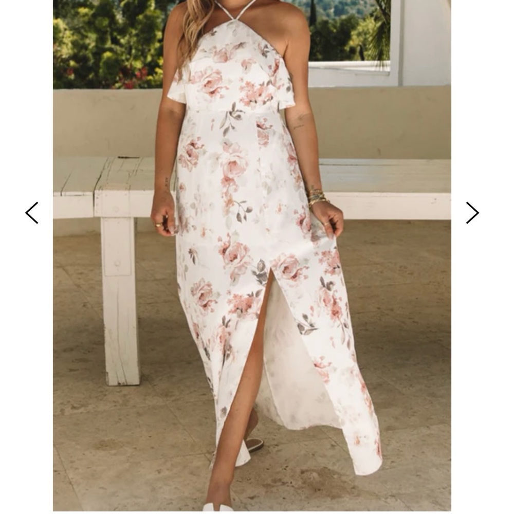 white halterneck slit ruffled maxi dress